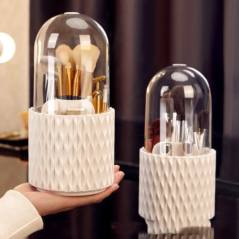 White rotating acrylic makeup brush storage box with transparent walls and dustproof lid