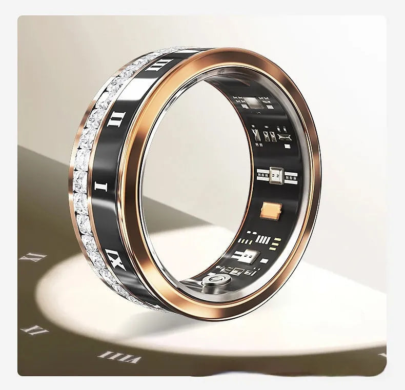 Silver and gold smart rings with blood oxygen monitoring feature on display with charging cable