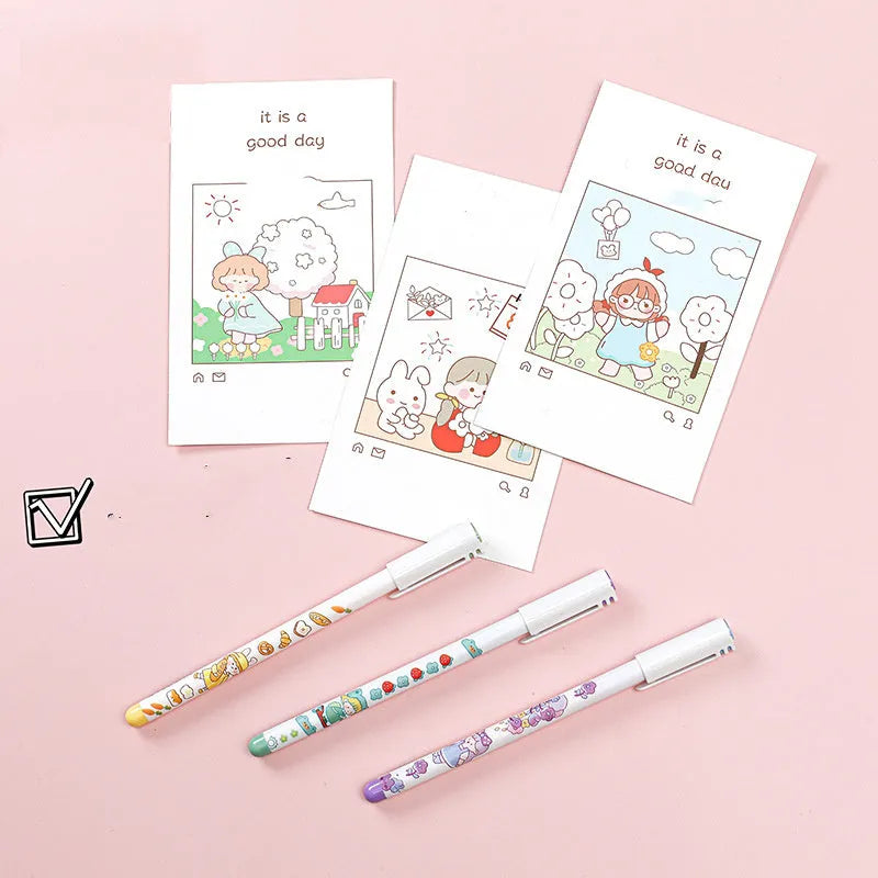 Twelve-colour gel pen set with cartoon-style plastic bodies and fine 0.5mm tips for hand account and office use.