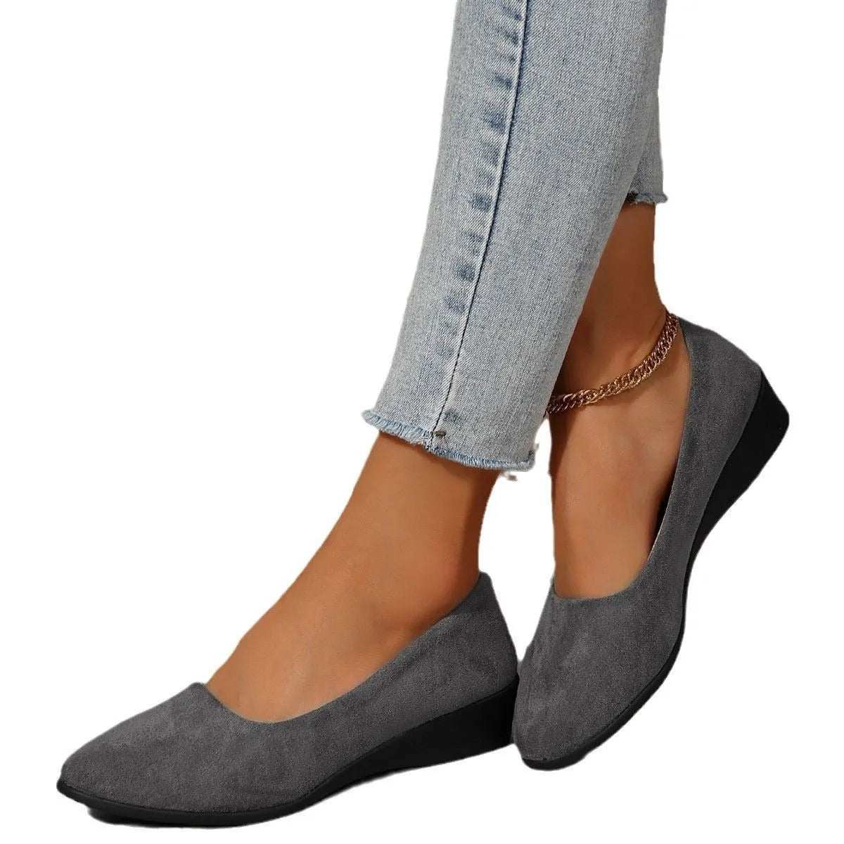 Women's pointed toe wedge pumps in suede with low wedge heel
