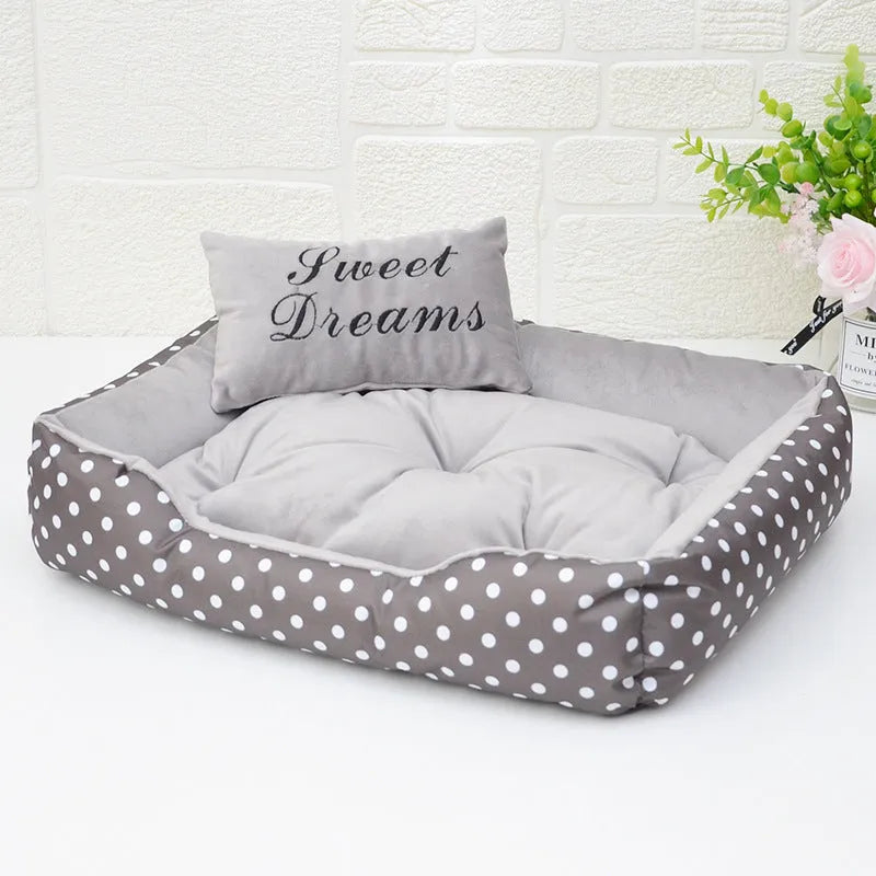 Polka dot printed small dog bed with removable square pillow in grey with matching embroidery