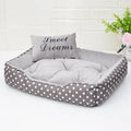 Polka dot printed small dog bed with removable square pillow in grey with matching embroidery