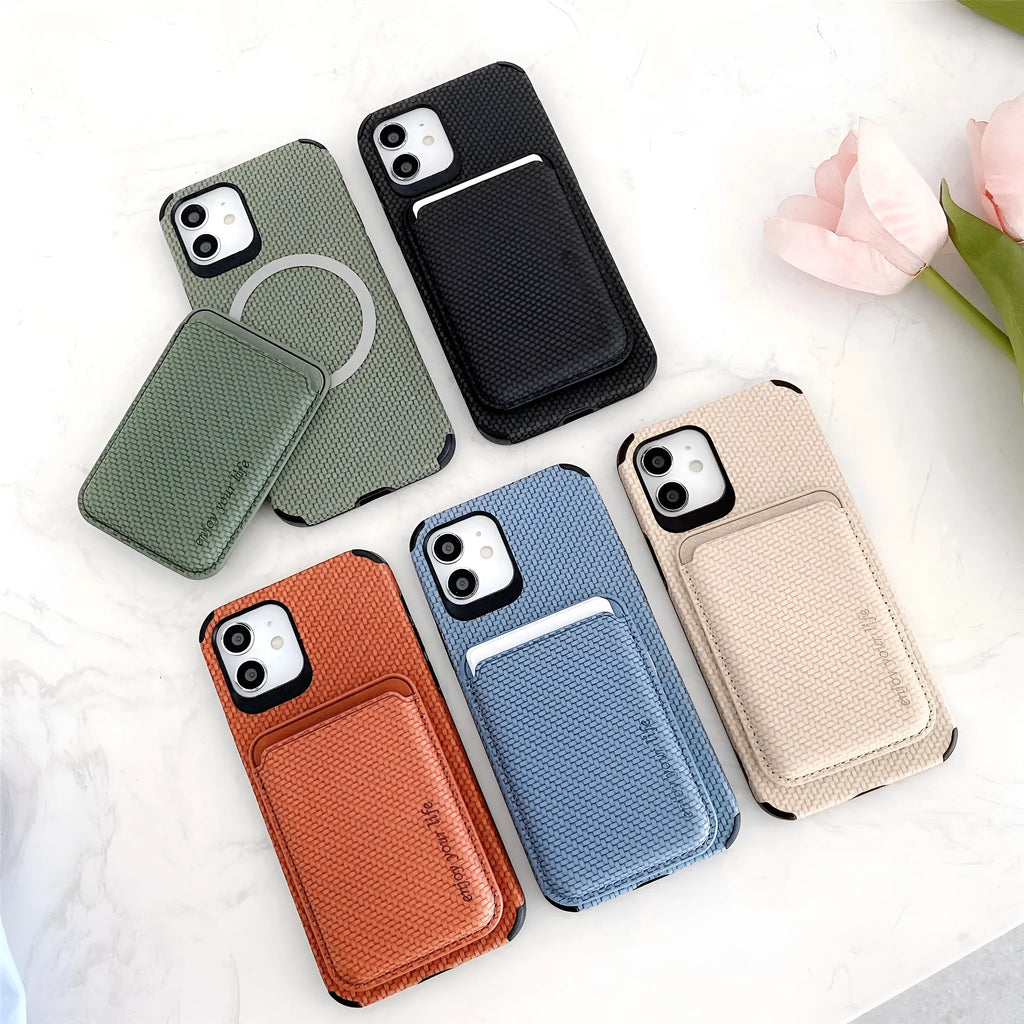 TPU leather back case with magnetic card holder for iPhone in solid colours black khaki apricot blue green brown