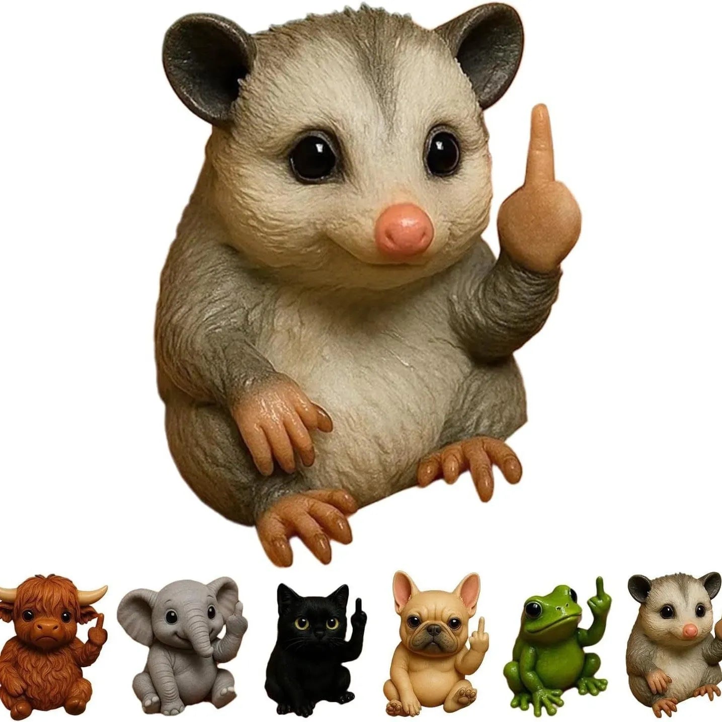 Mini resin animal doll with raised middle finger in dog, cat, elephant, frog, mouse, turtle, or Highland cattle style.