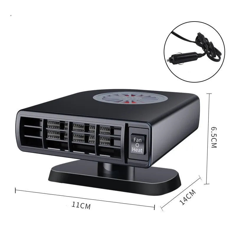 Black vehicle-mounted 12V car heater with adjustable vent on a car dashboard.