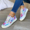 Light blue canvas lace-up flats for women round toe casual sneakers graffiti print