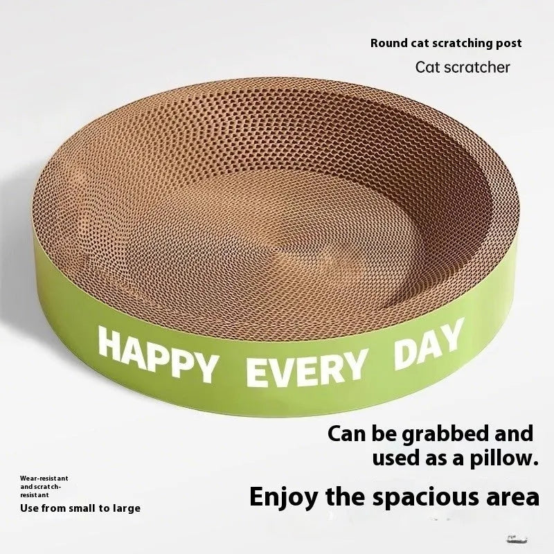 Green round cat nest with integrated scratching surface, shown in 50cm and 55cm size options.