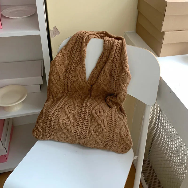 Retro woven shoulder tote bag with hollow knit design in solid colour with double straps