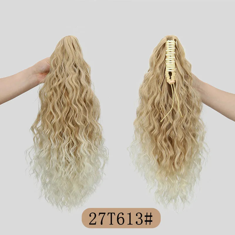 Synthetic corn curler wig ponytail with water ripple grip texture in multiple colour options on a white background.