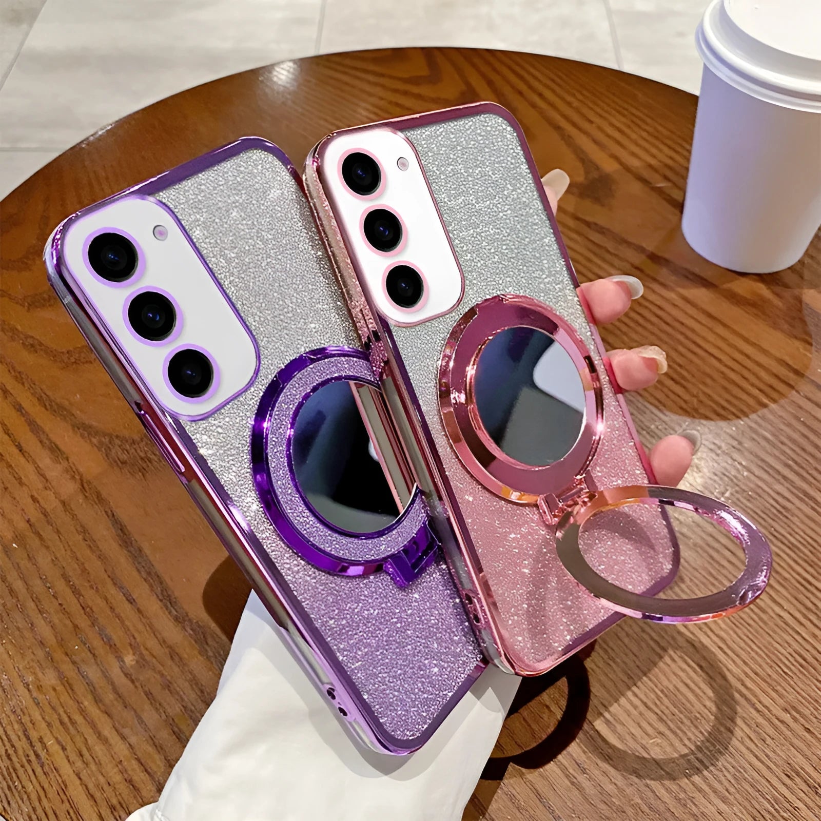 Samsung silicone phone case with magnetic mirror bracket in black, shockproof design