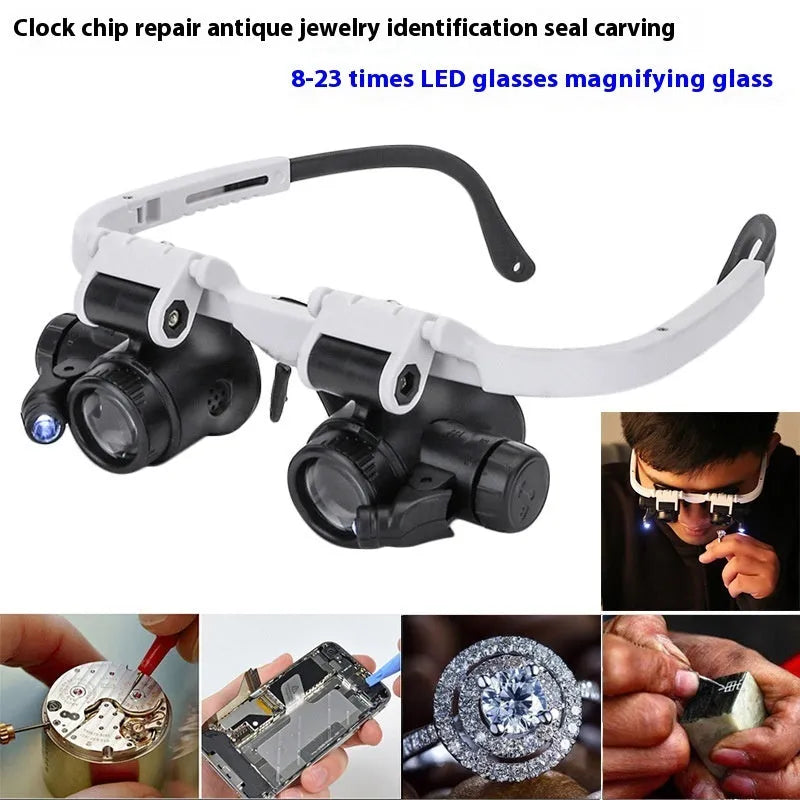 White head mounted magnifying glass with LED light, shown folded and unfolded.