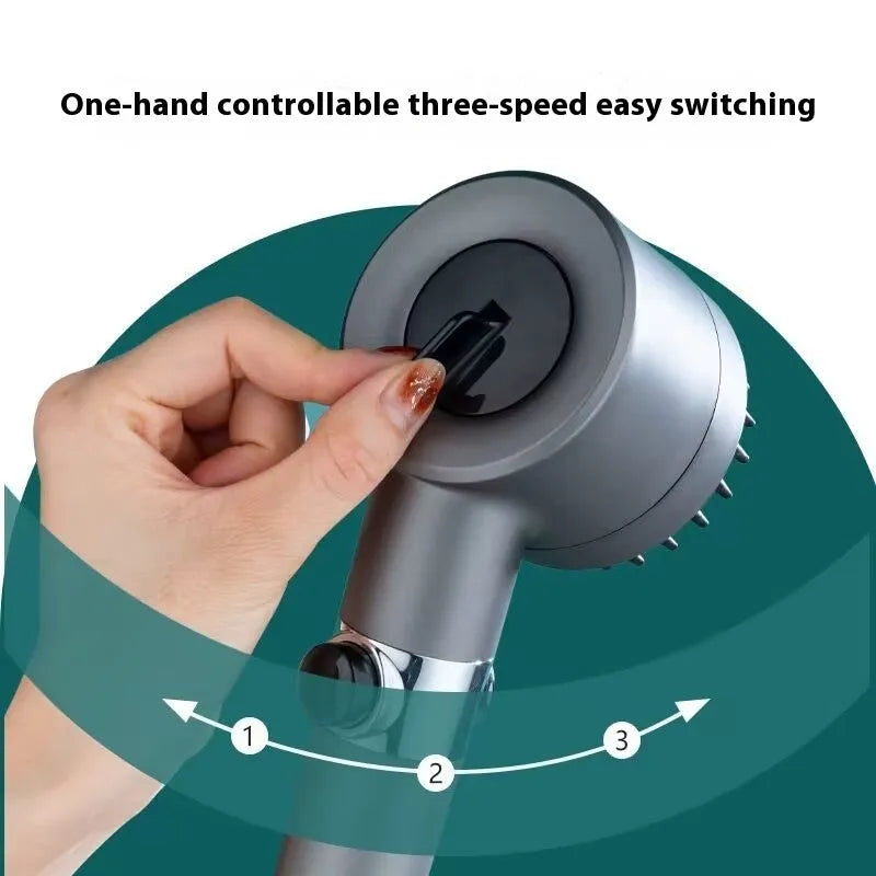 Portable bathroom shower head with three spray settings including massage and rainfall modes