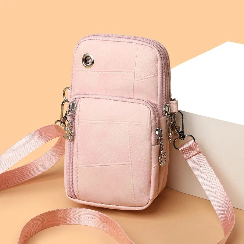 Mini vertical square PU phone bag with sandwich pocket in brown, front view