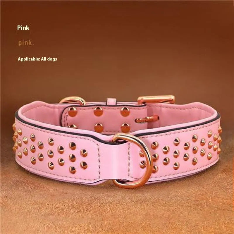 Leather dog collar with metal rivets in black, chocolate, or pink for large breed training