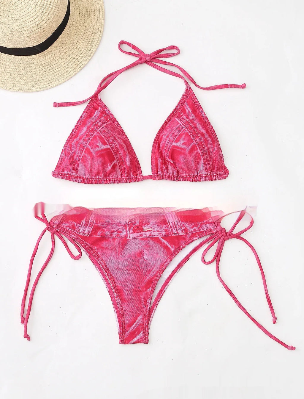 Women's denim two-piece bikini swimsuit in rose red polyester with sexy pattern, sizes S to XL