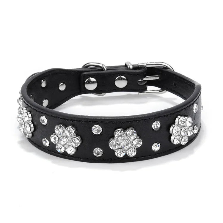 Black PU leather dog collar with sparkling rhinestone flower pattern and metal D-ring