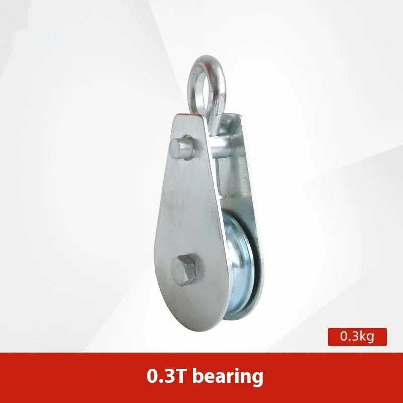 Red industrial lifting pulley with a forged steel safety hook and single wire rope wheel.