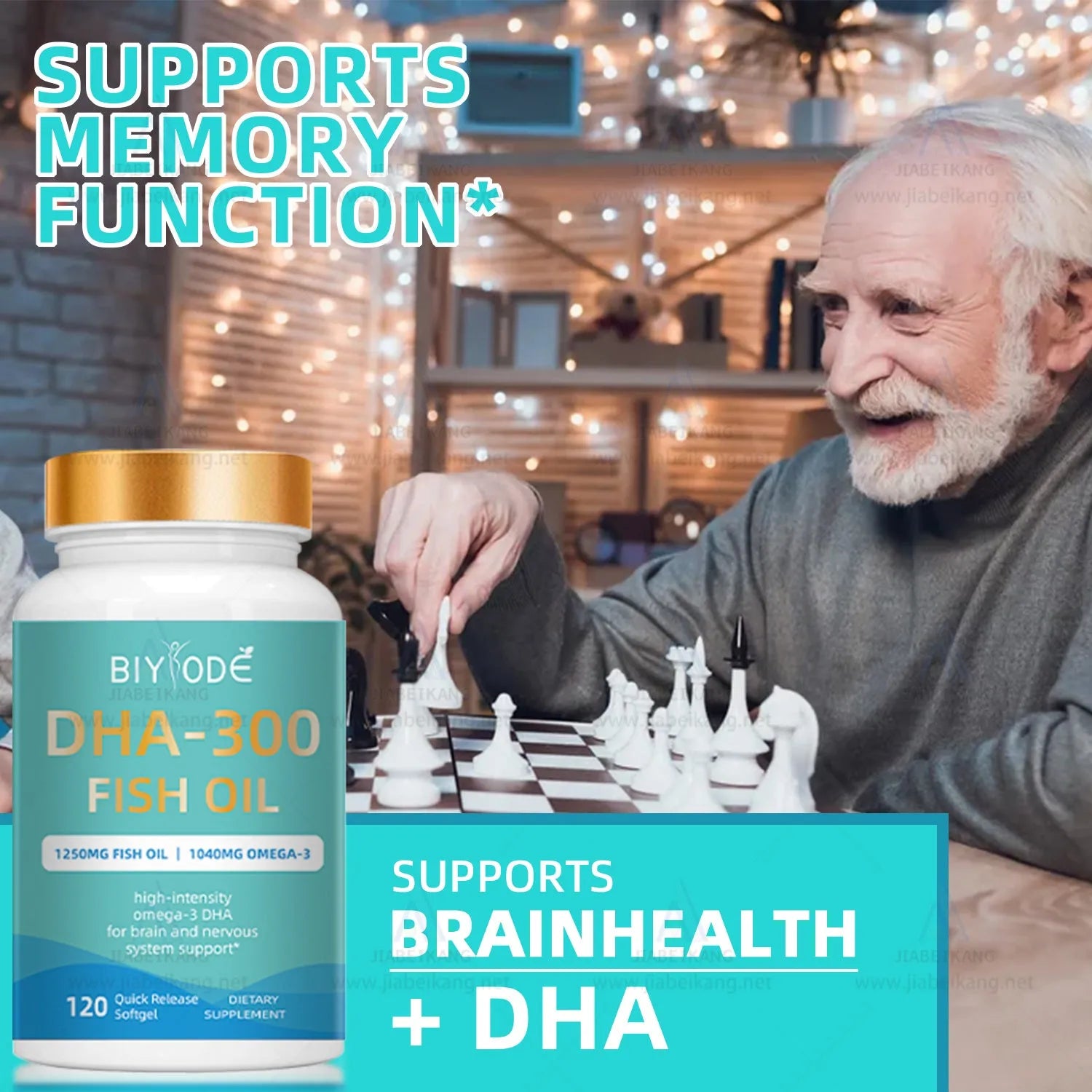 Bottle of DHA-300 Omega-3 fish oil softgels, 120 count, for joint and immune support