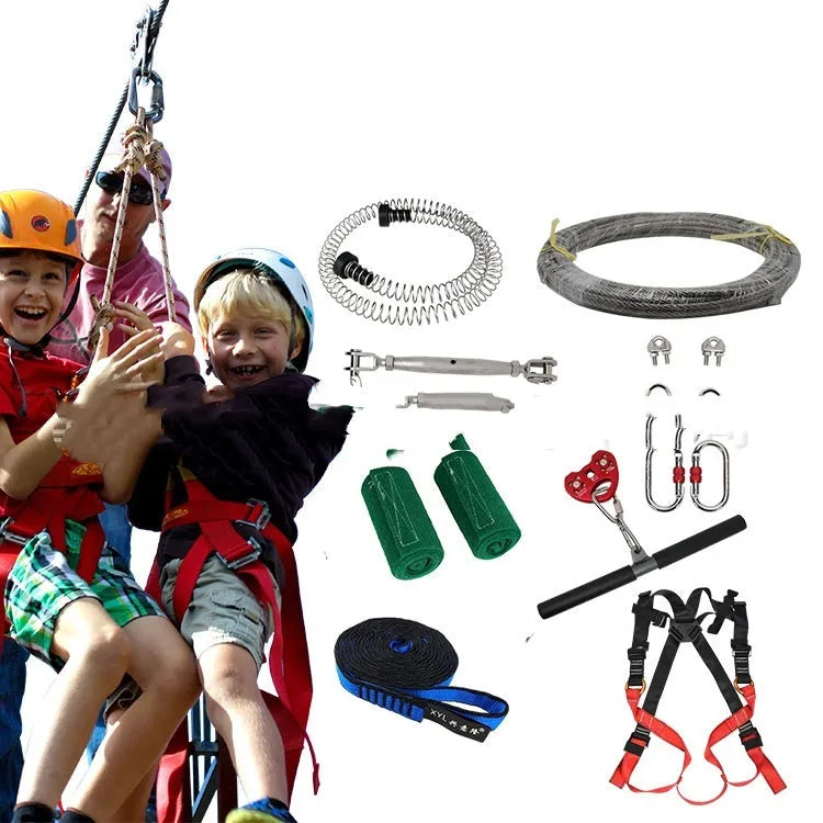 10 metre children's outdoor pulley zipline kit with safety retractors and alloy steel components