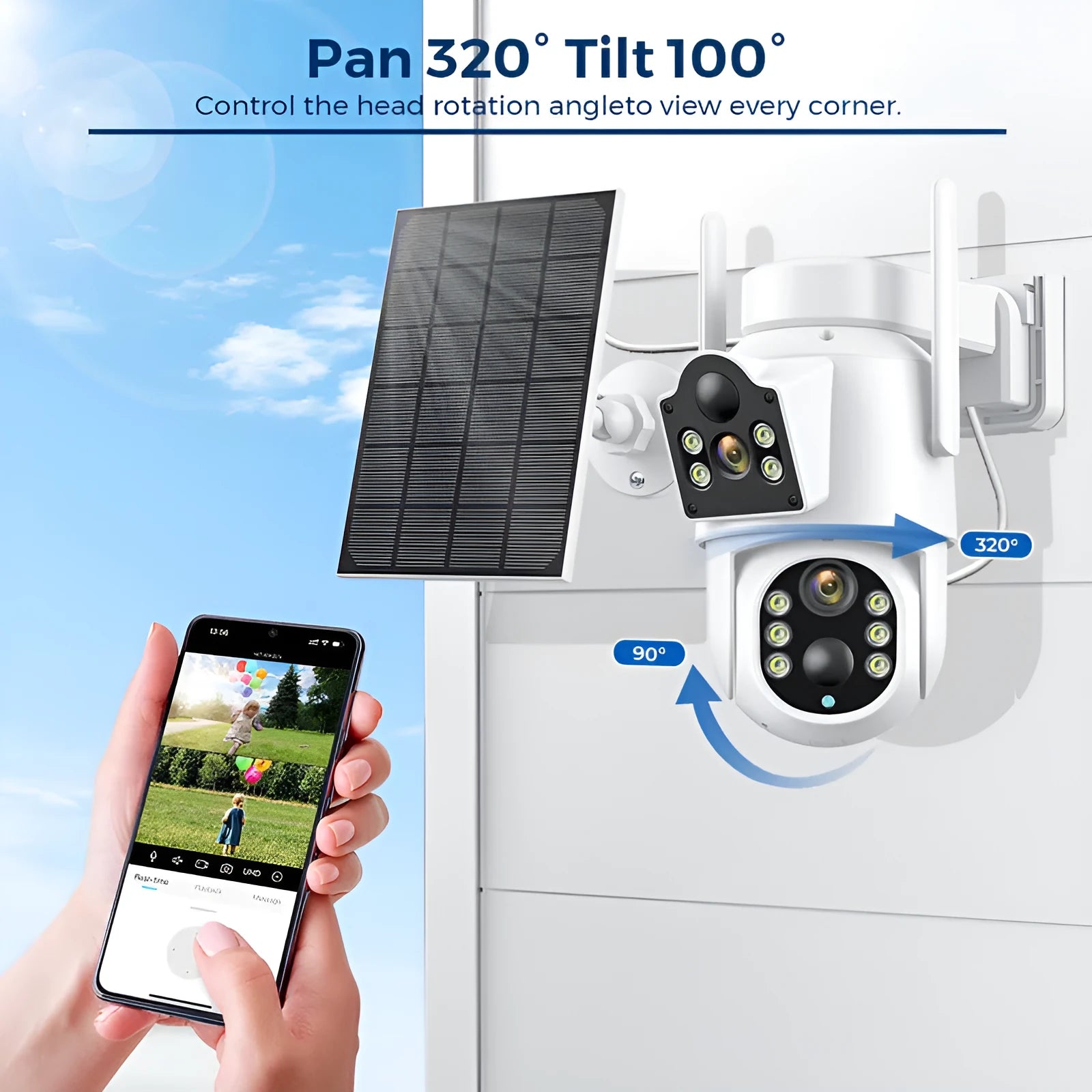 Black or white outdoor solar-powered wireless security camera with separate solar panel unit