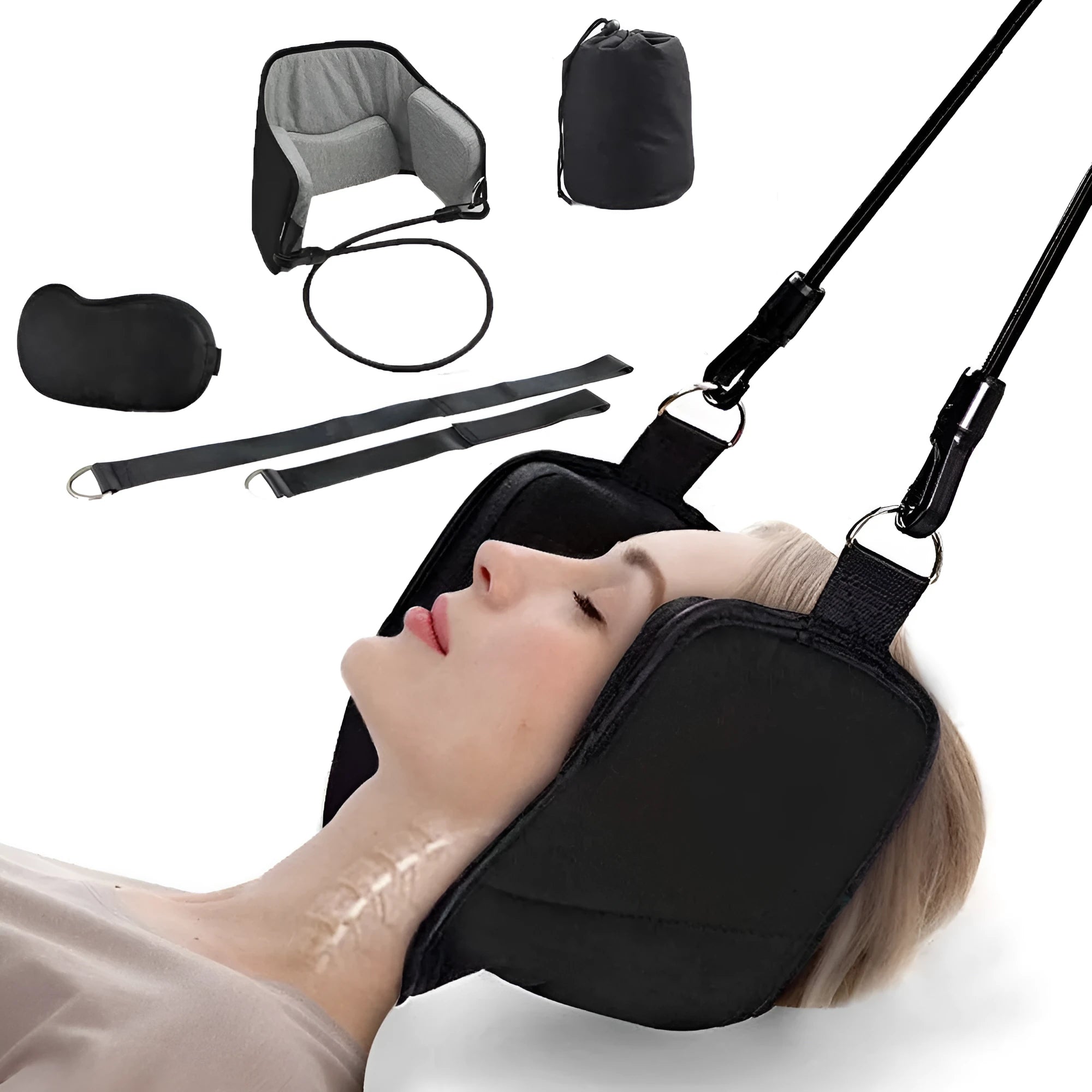 Black neck hammock cervical spine tensioner with velvet, sponge, and breathable mesh on a fitness bench