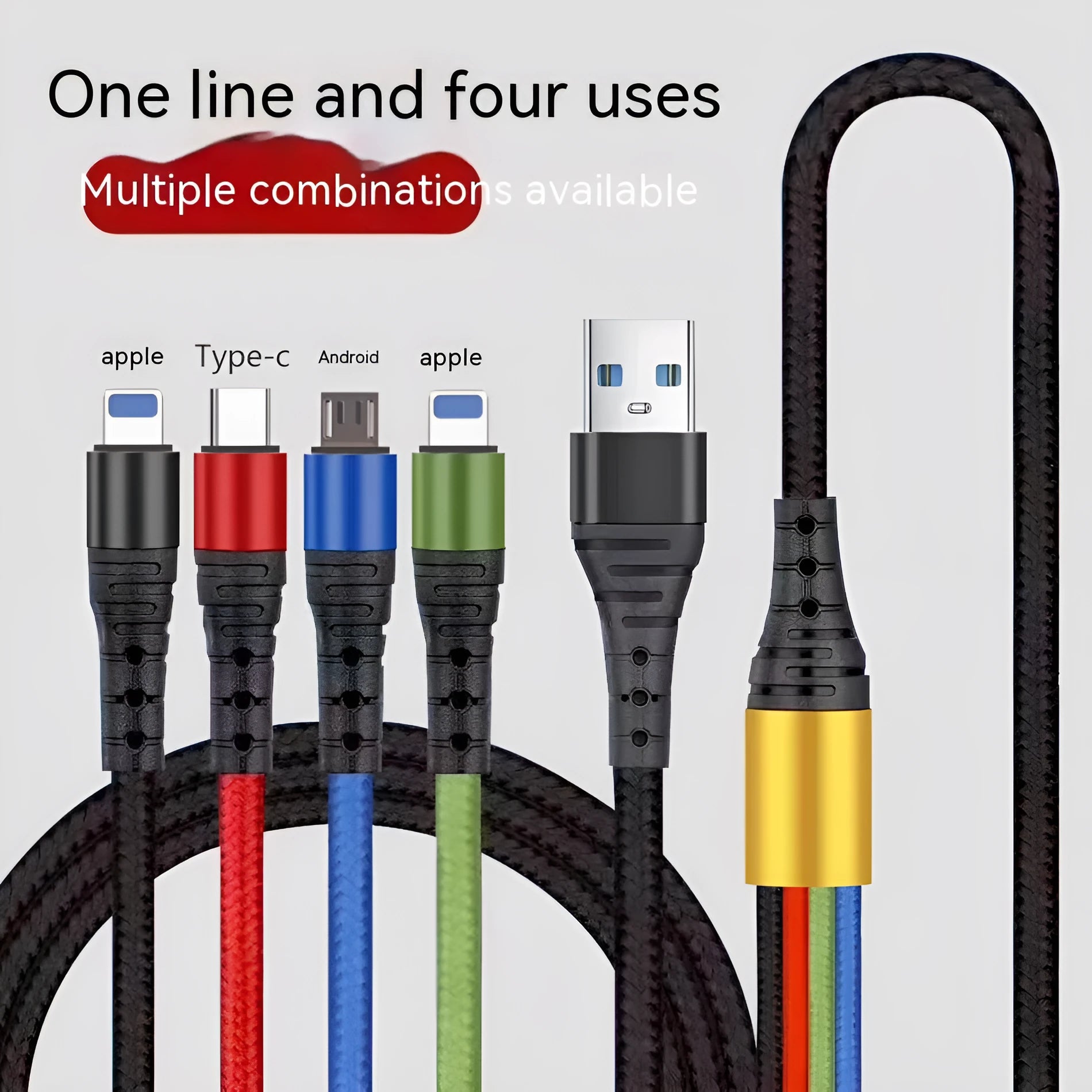 Four-in-one mobile phone charging cable with Android Apple TYPE-C connectors in 1.2 metre length