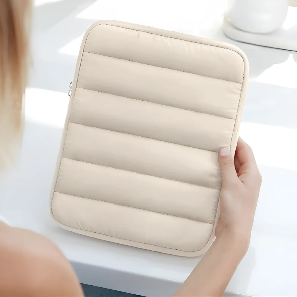 Fluffy air puff laptop sleeve with elastic sides for 9.7-11 inch devices in black, khaki, silver