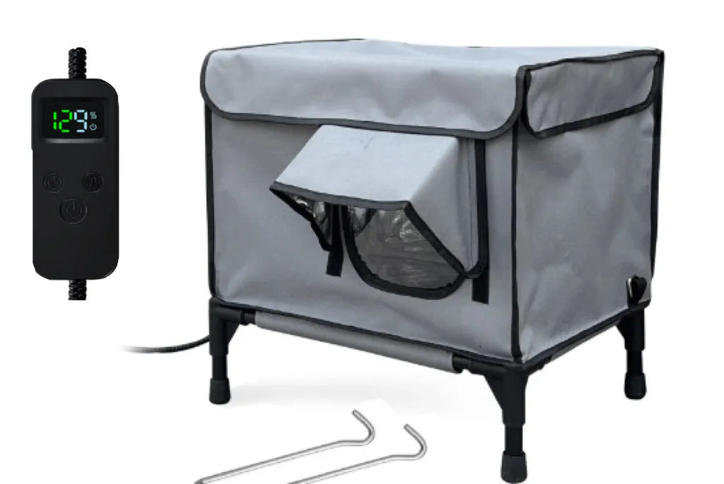 Outdoor heating insulation foldable cat nest with thermo sensitive switch in black, size M, on a floor