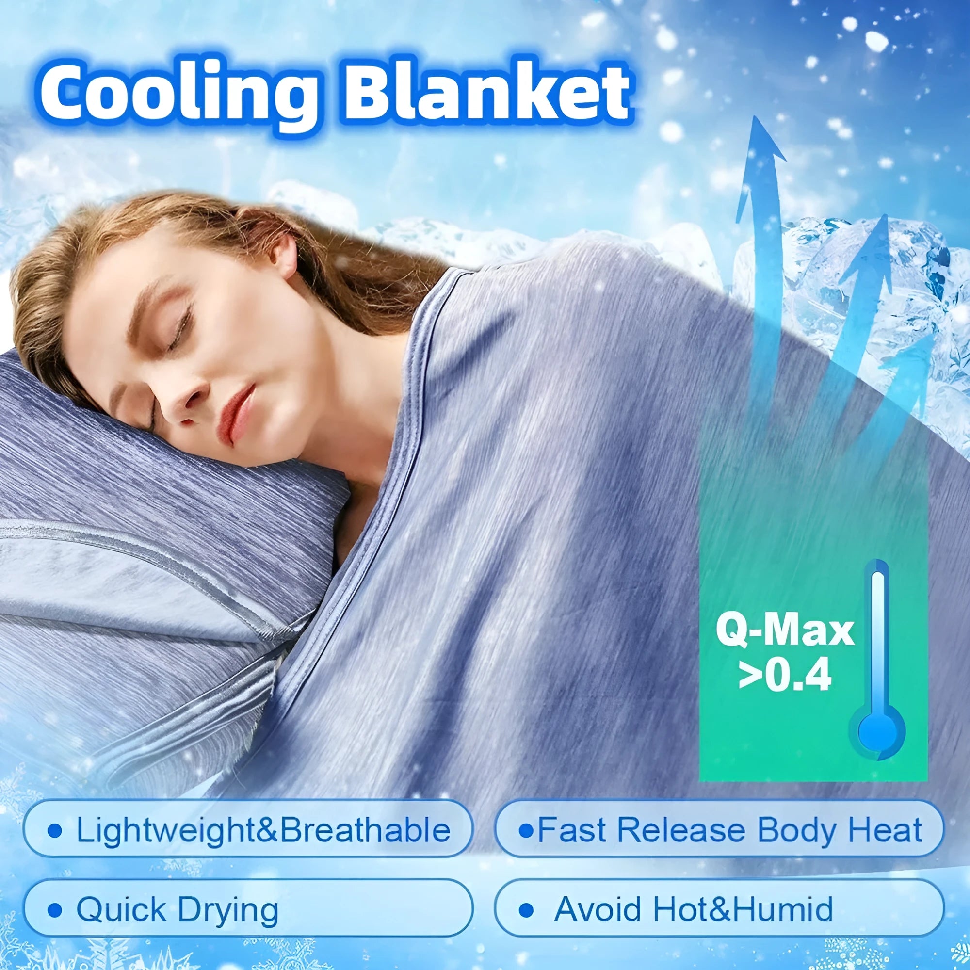 A blue polyester cooling blanket with Q-Max 0.4 technology laid on a bed.