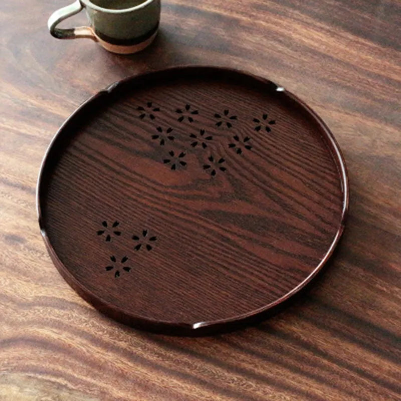 Wooden shallow plate with hollow Sakura cherry blossom pattern, 30cm diameter
