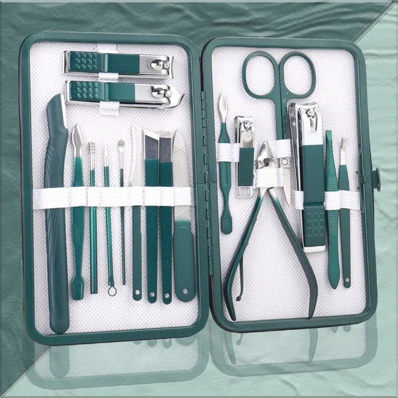 Emerald green manicure pedicure set in case with stainless steel and carbon steel nail clippers