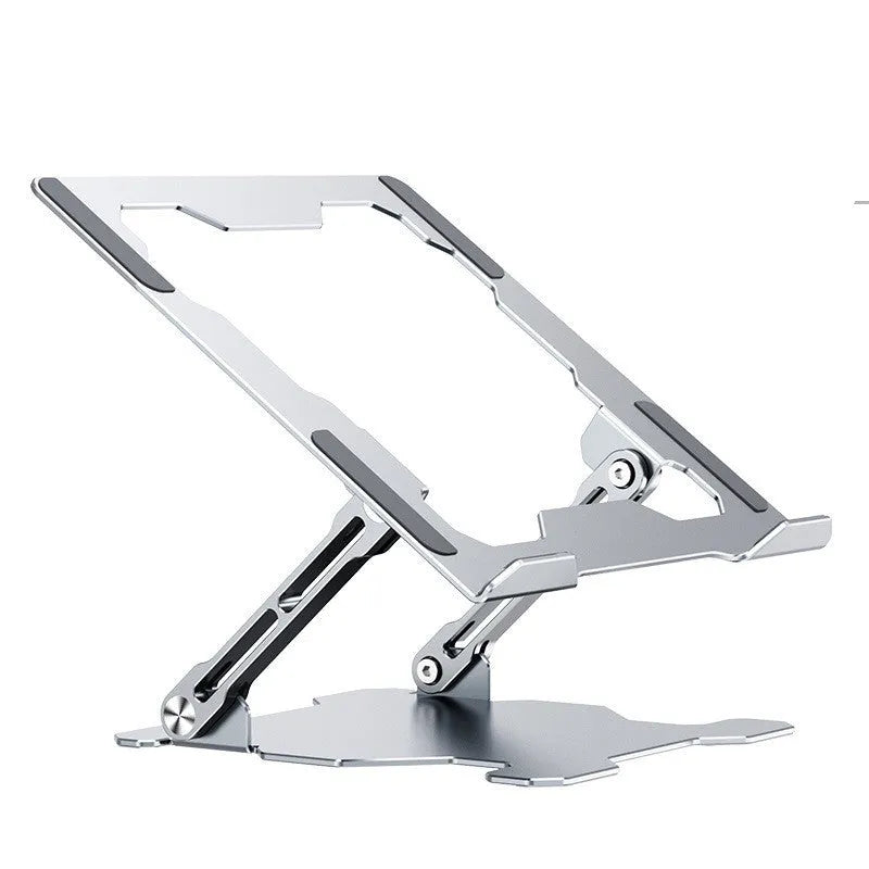 Grey aluminum folding laptop stand shown at an adjustable angle holding a silver laptop.