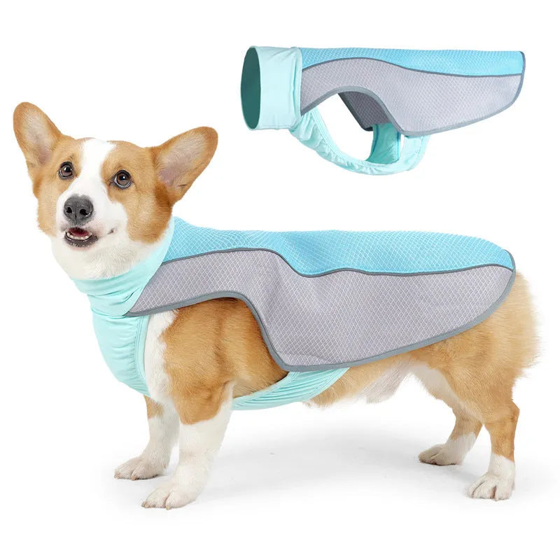 Polyester dog cooling vest in light grey colour on canine model
