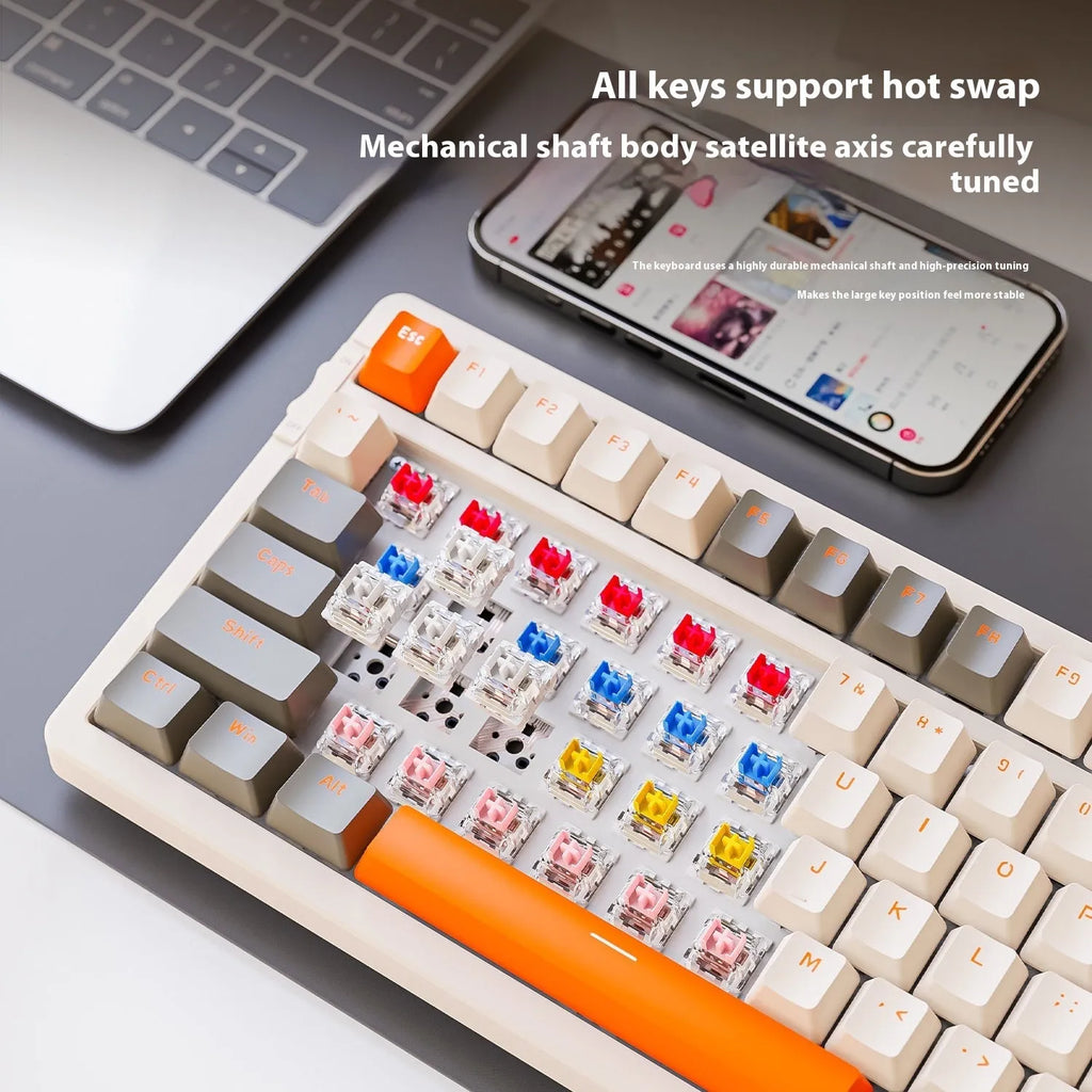 Free Wolf K96 Bluetooth dual-mode mechanical keyboard with red switches in blueberry, cheese, lemon, and shimmer colour options