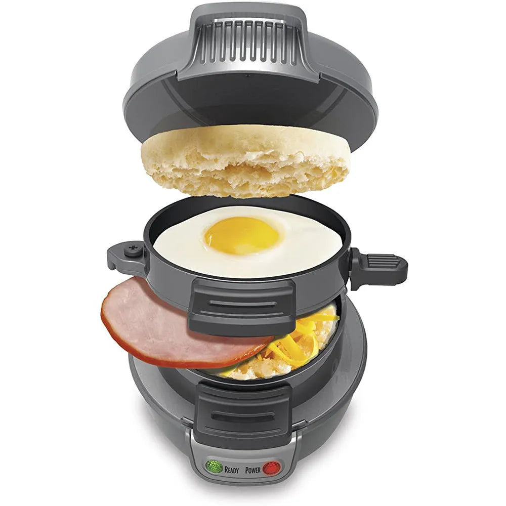 Household breakfast machine sandwich maker with egg cooker ring in red, orange or silver grey