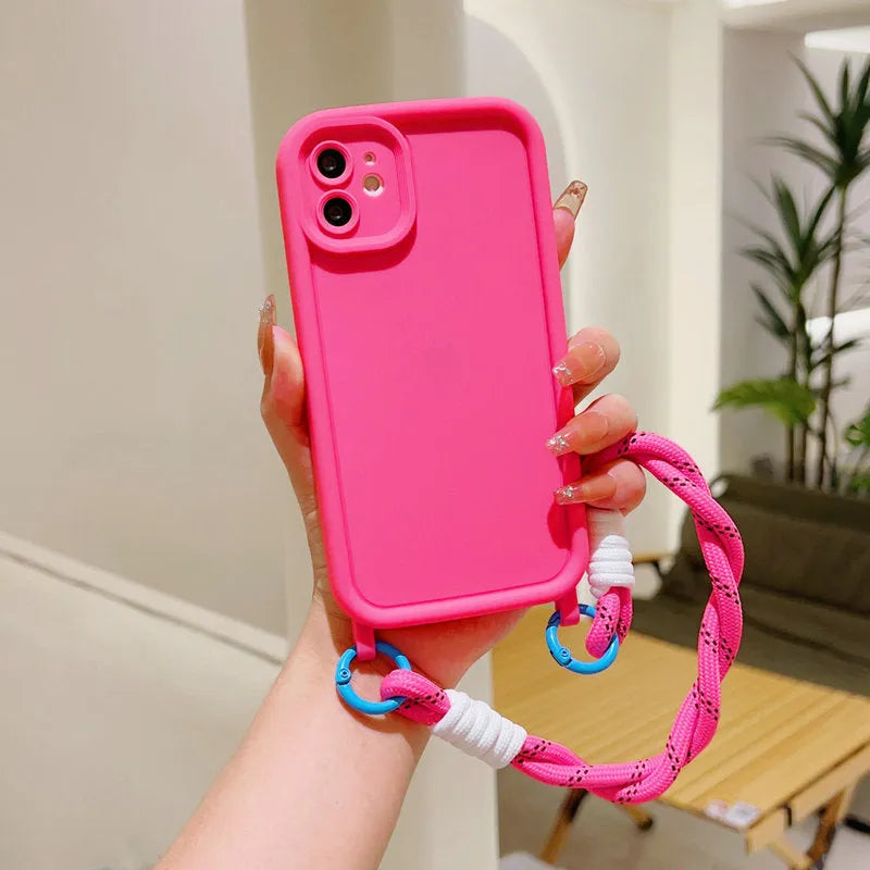 Liquid silicone phone case with lanyard for Apple iPhone black shell front view