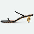 Women's black open toe slippers with square head PU upper, side view