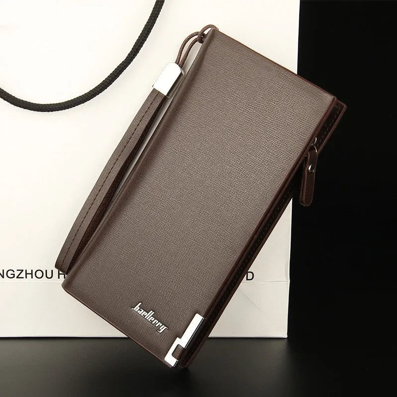 Men's black PU leather wallet with a long silver zipper closed around its edge.