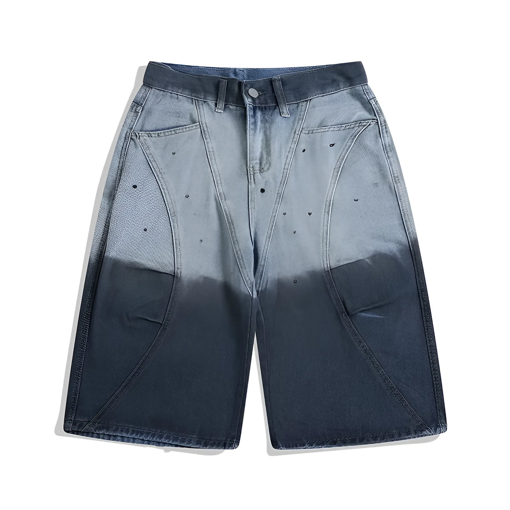 Blue tie-dye gradient washed-out cropped jeans with loose fit and worn looking finish