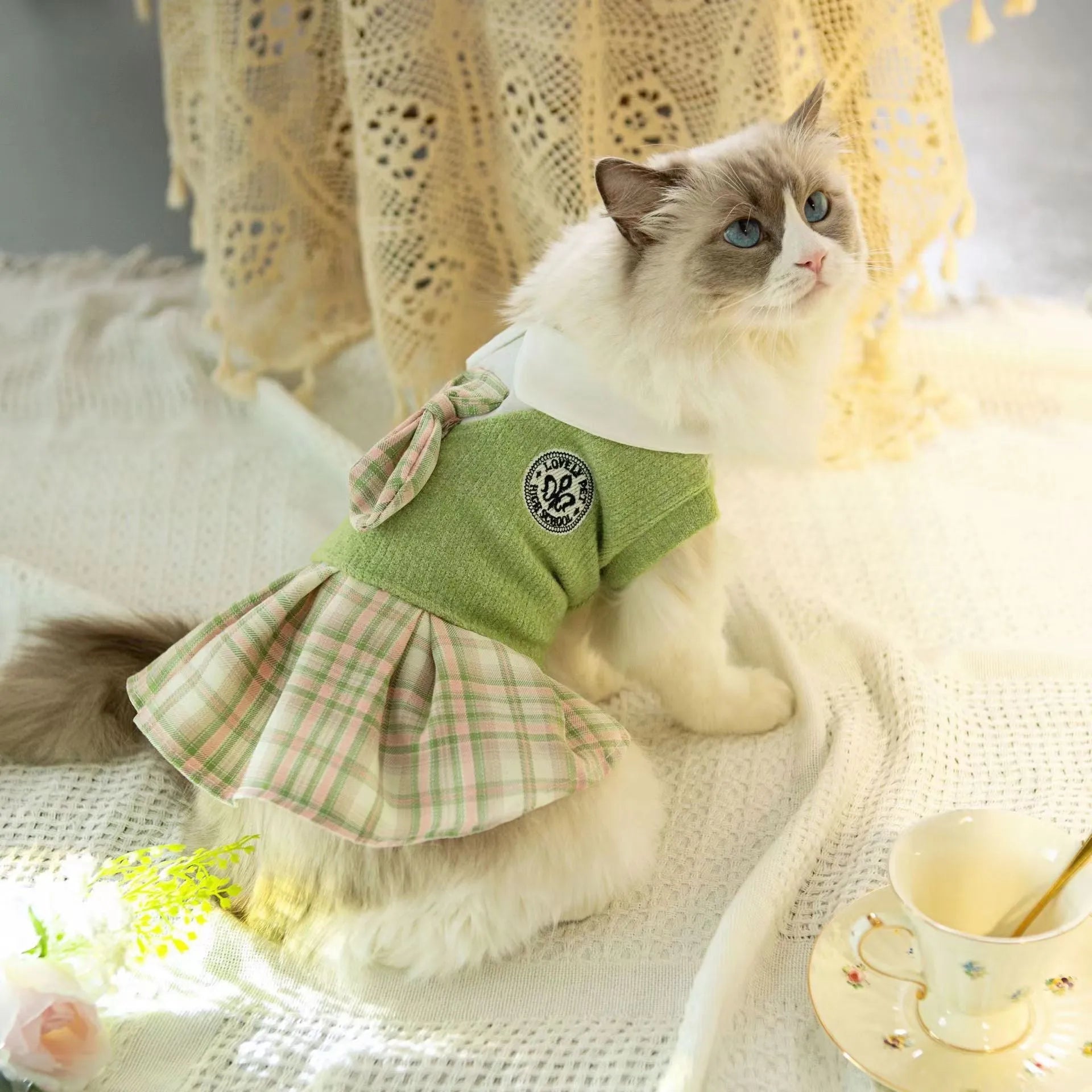 A pink, blue, or green tartan skirt for small dogs or cats in a princess costume style.