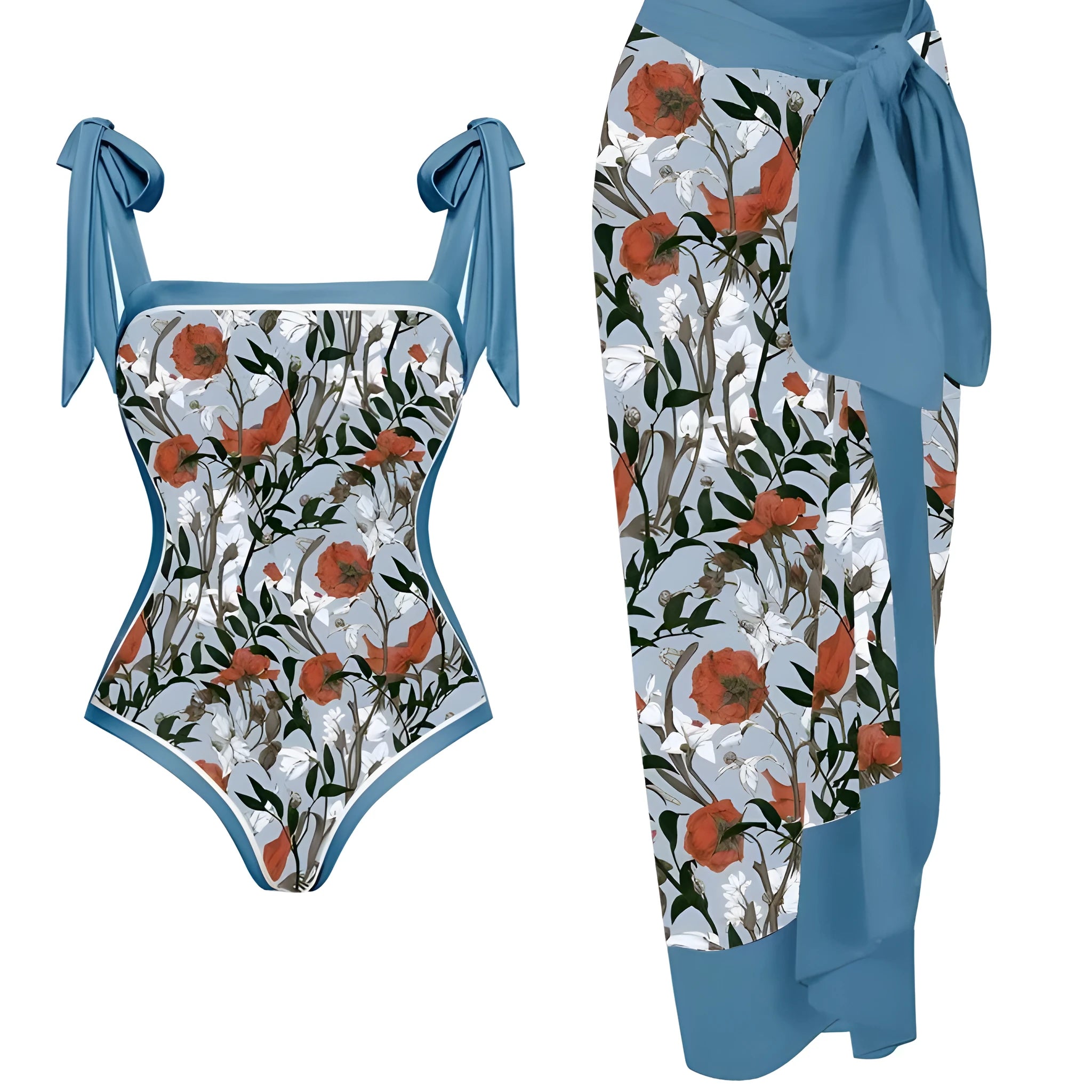 Women's floral print two-piece swimsuit with a sheer chiffon hip skirt, shown in one of the available colour variations.