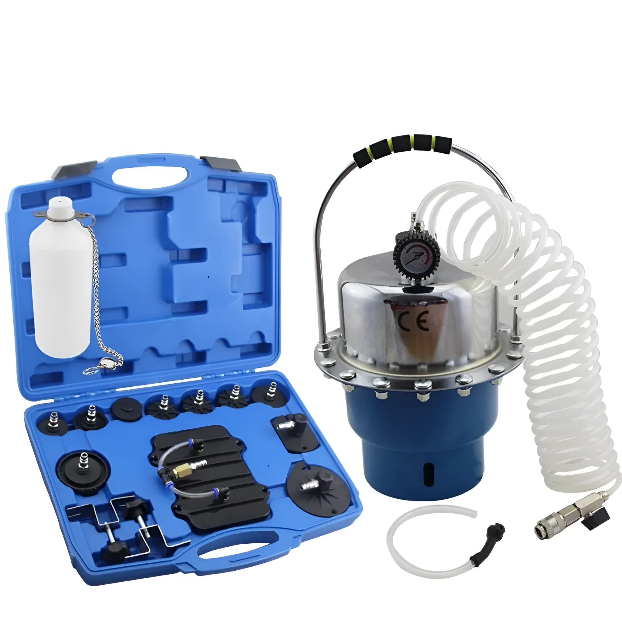 Pneumatic brake fluid replacement tool XC3692 with 5L tank, pressure gauge, hose, and adapter kit