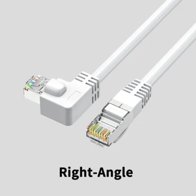 Cat6 Ethernet cable with right-angle RJ45 connector in various colours and lengths