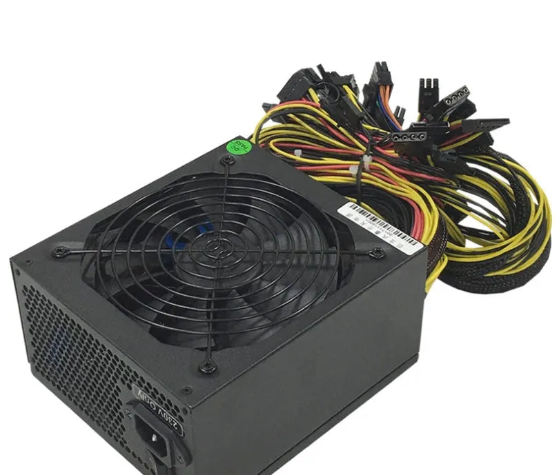 Black full voltage 110V server power supply unit with visible connectors including 4+4 CPU and multiple 6+2 pin GPU interfaces.