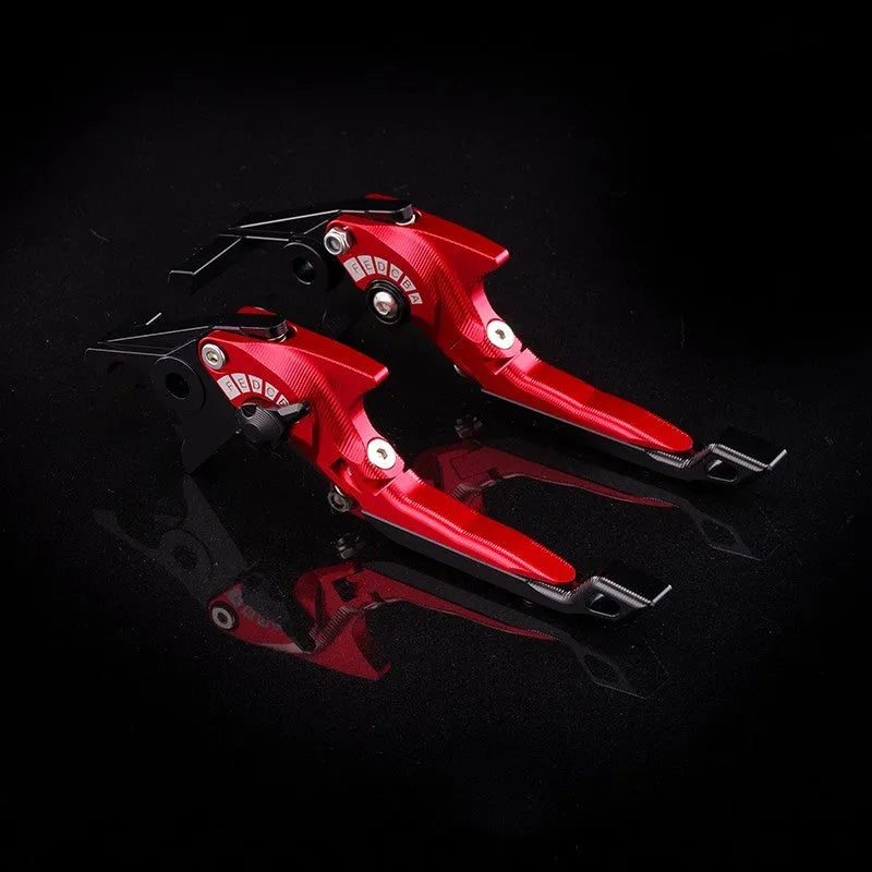 Motorcycle horn handle brake lever retrofitting kit showing adjustable mechanism and colour options