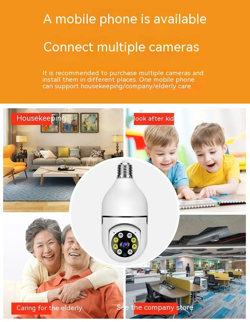 Wireless WiFi bulb security camera with compact design showing 1080p full colour night vision capability
