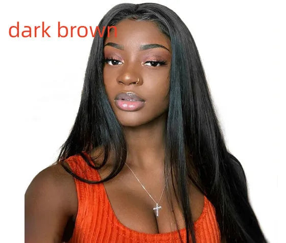 Women's long black straight synthetic wig with centre-parted bangs.