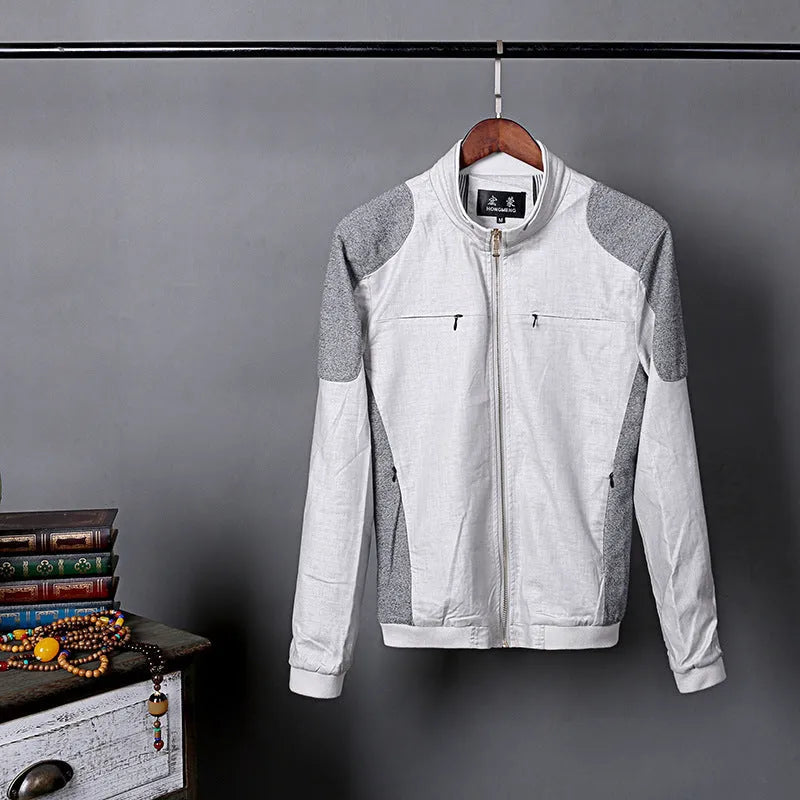 Men's lightweight cotton linen jacket in regular fit shown in blue, grass green, or heather grey colour options.