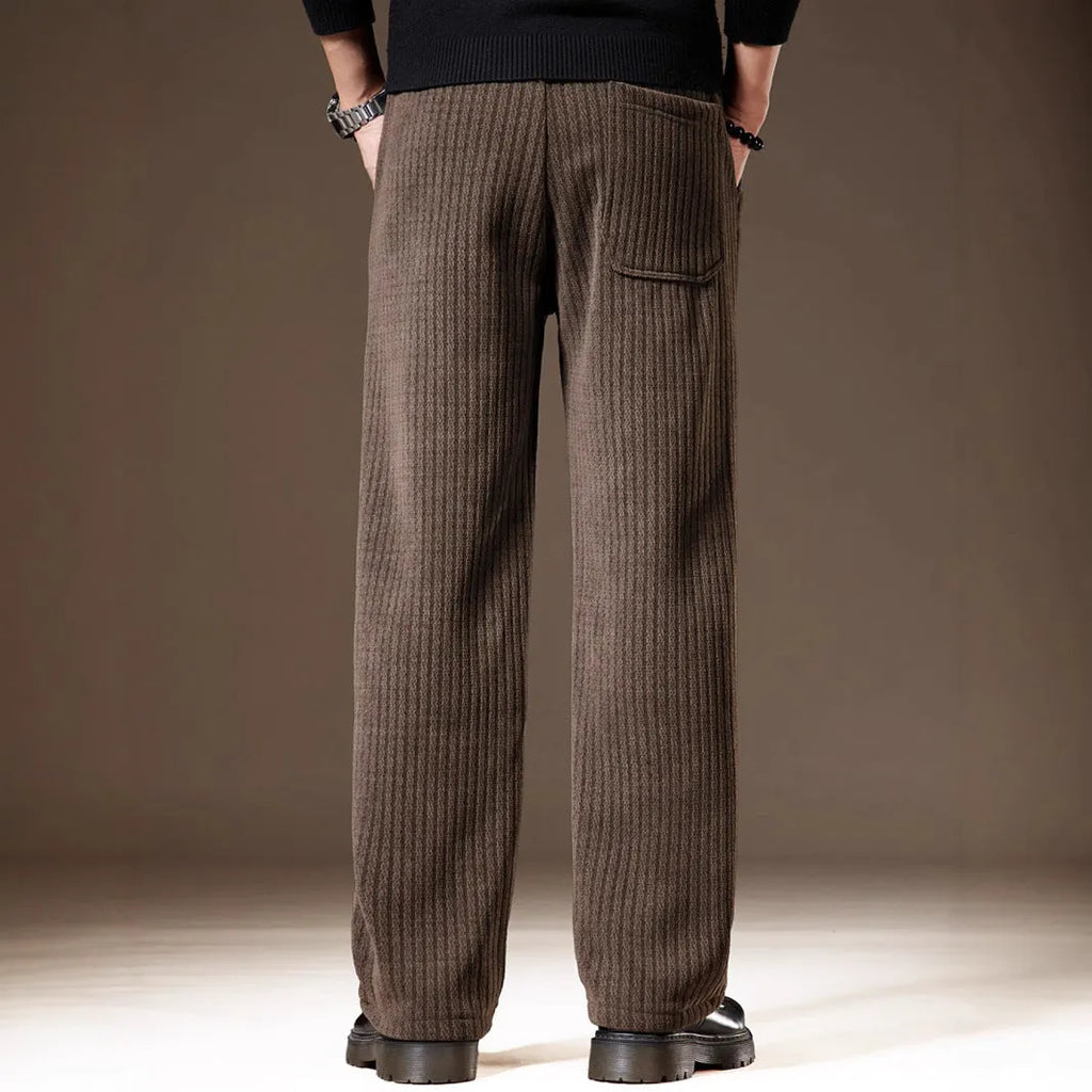 Thick stripe velvet heavy corduroy straight casual pants for men, khaki colour, polyester fibre fabric