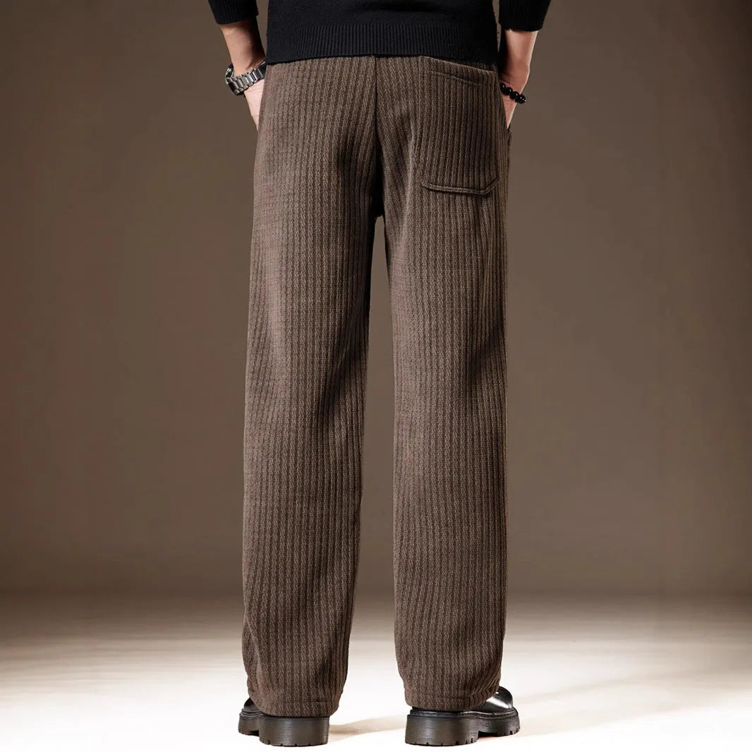 Thick stripe velvet heavy corduroy straight casual pants for men, khaki colour, polyester fibre fabric